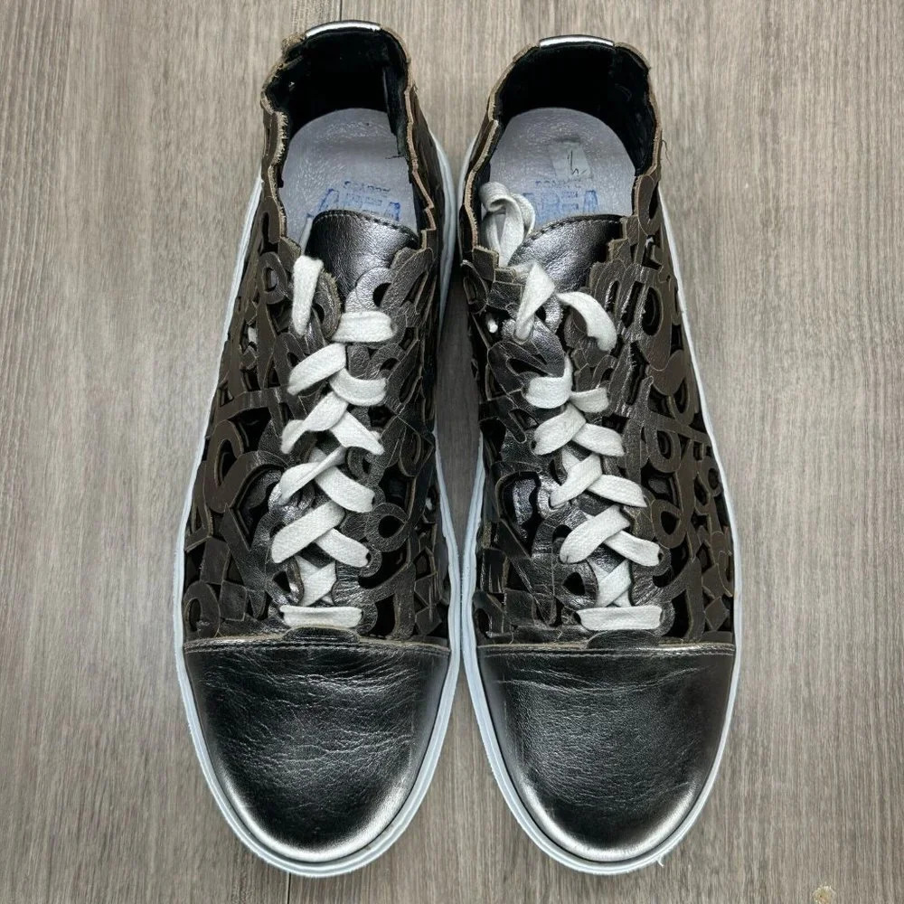 AREA FORTE Shoes Women Sz 39 US 9 Laser-Cut Sneakers Leather Pewter Silver Italy - Picture 2 of 13
